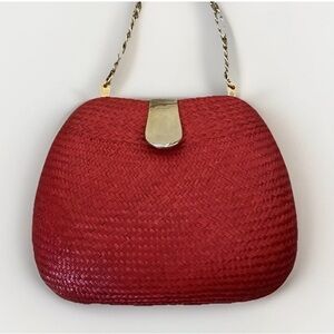 Vintage Red Woven Raffia Evening Bag Womens Mini Crossbody Clutch Chain Strap